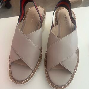 Cecelia Beige Slingback Sandals with Red and Black Straps